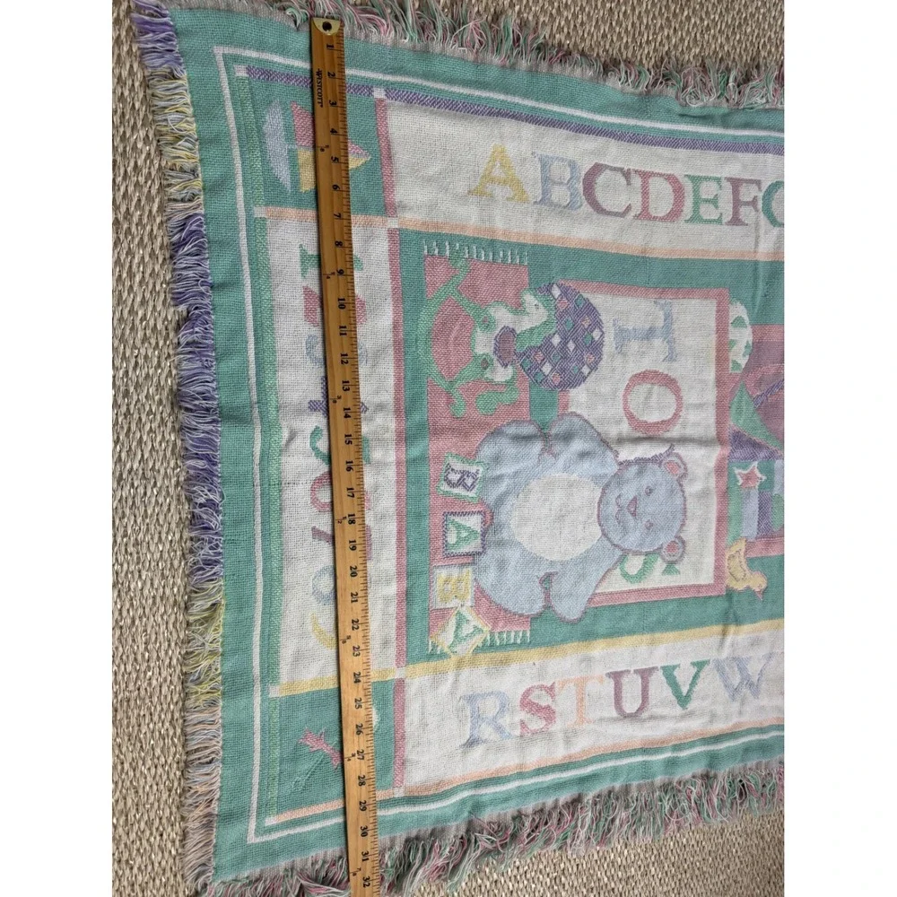 Vintage ABC Alphabet Numbers Teddy Bear Woven Tapestry Throw Blanket Pastel baby